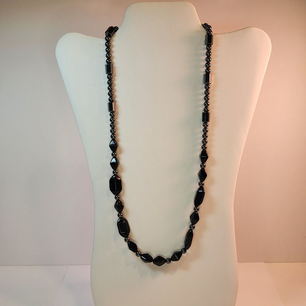 Vintage 24" Magnetic Hematite Beaded Necklace - Geometric Mixed Shapes, Black...